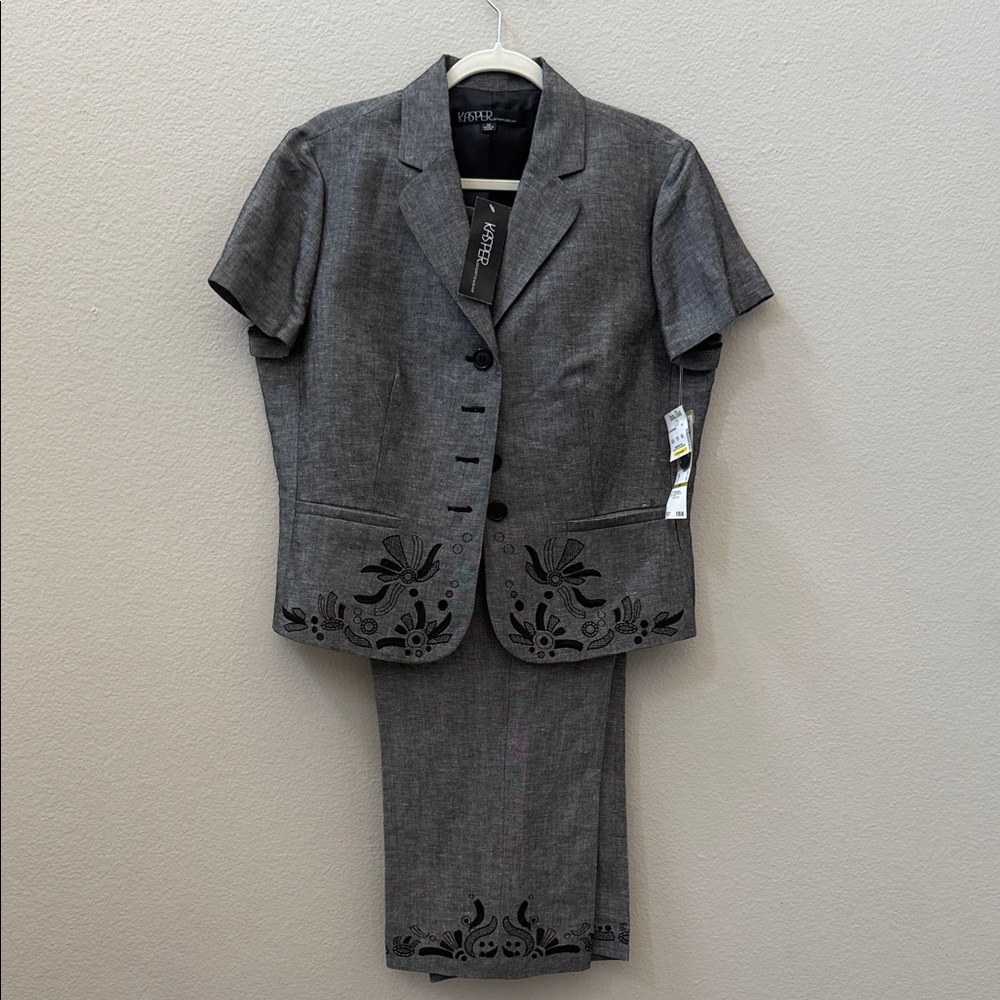 Kasper Charcoal Suit with Black Floral Detail